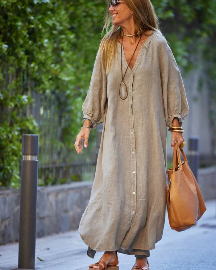 Ivy | Women's Linen Shirt Dress White Long Sleeve Button Up