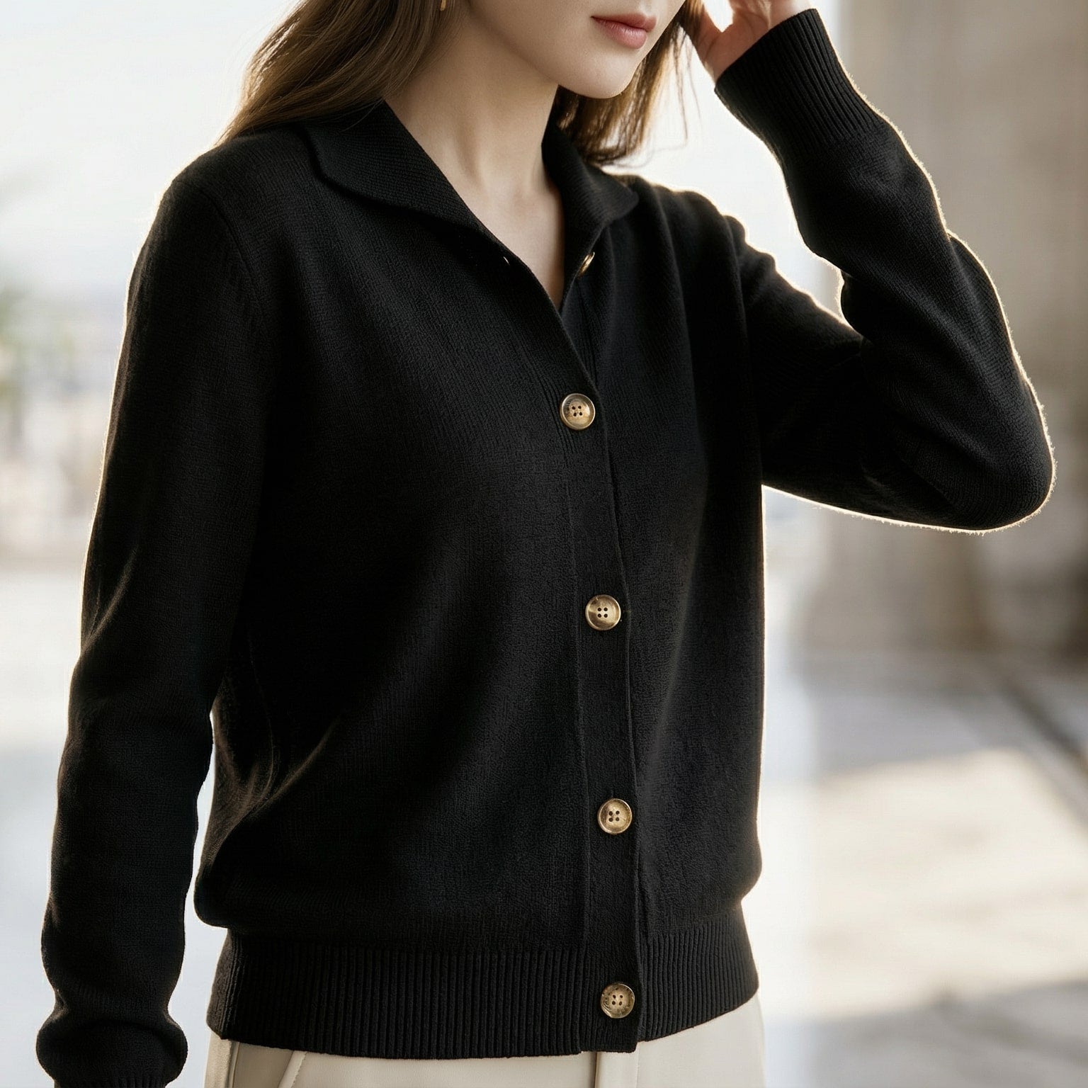 Nina | Women's Wool Cardigan Sweater Camel Button Front