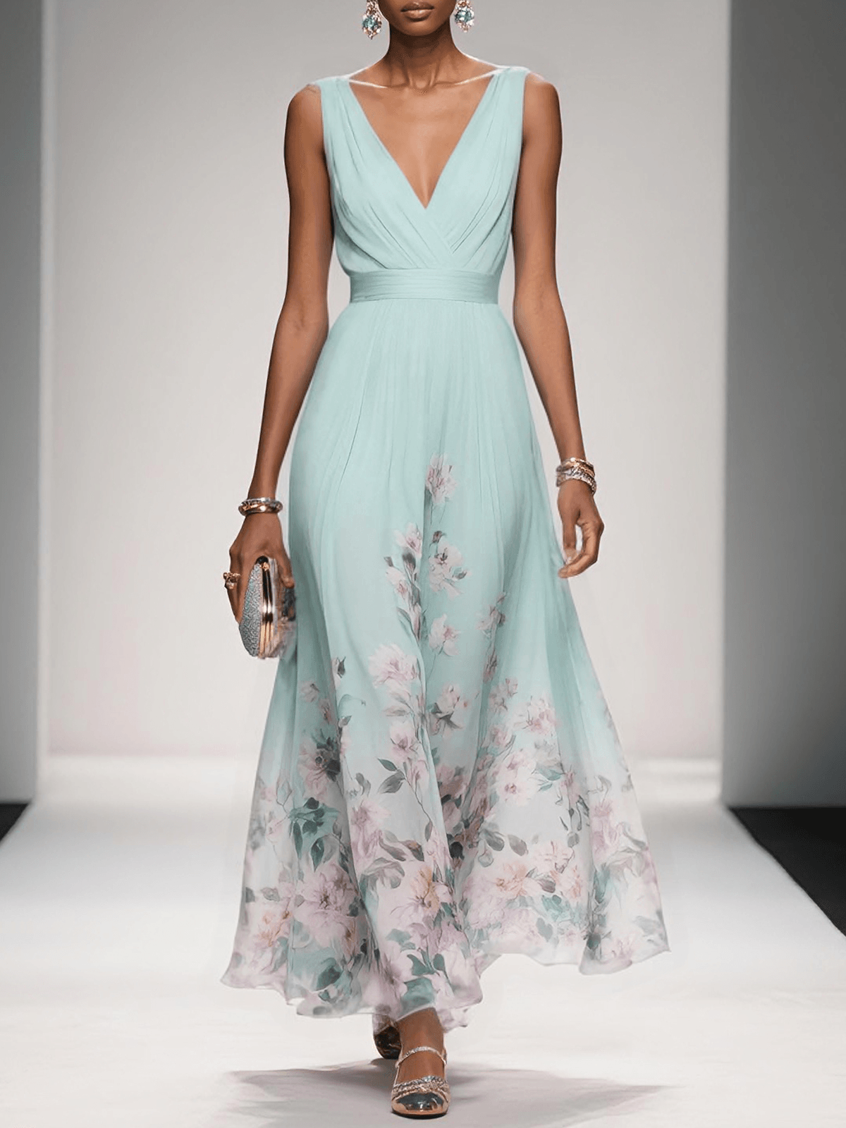 Elodie | Women's Floral Maxi Dress Light Blue V Neck