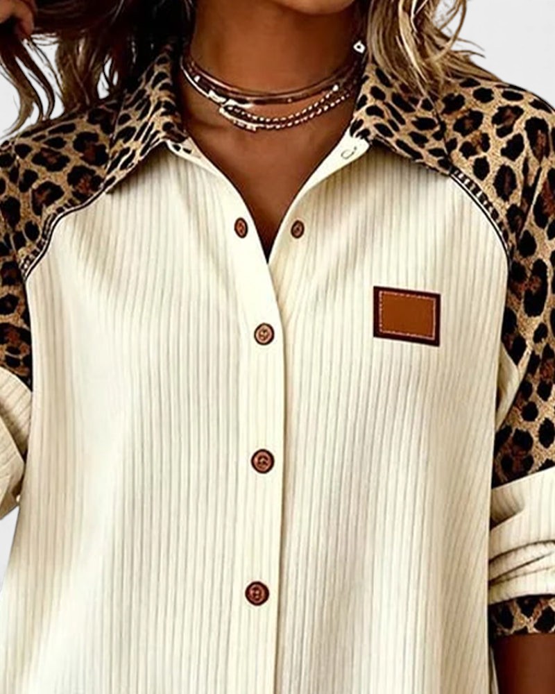 Ada | Women's Leopard Print Button Up Shirt Cream Ribbed