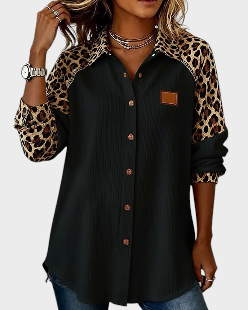 Ada | Women's Leopard Print Button Up Shirt Cream Ribbed