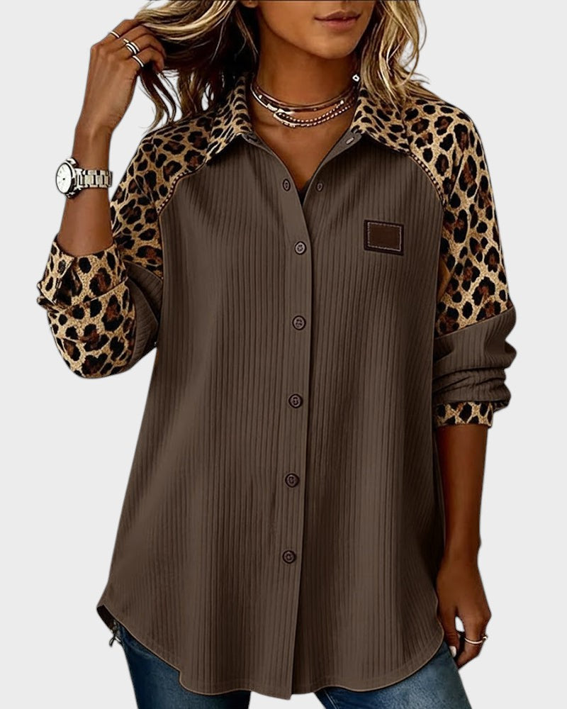 Ada | Women's Leopard Print Button Up Shirt Cream Ribbed