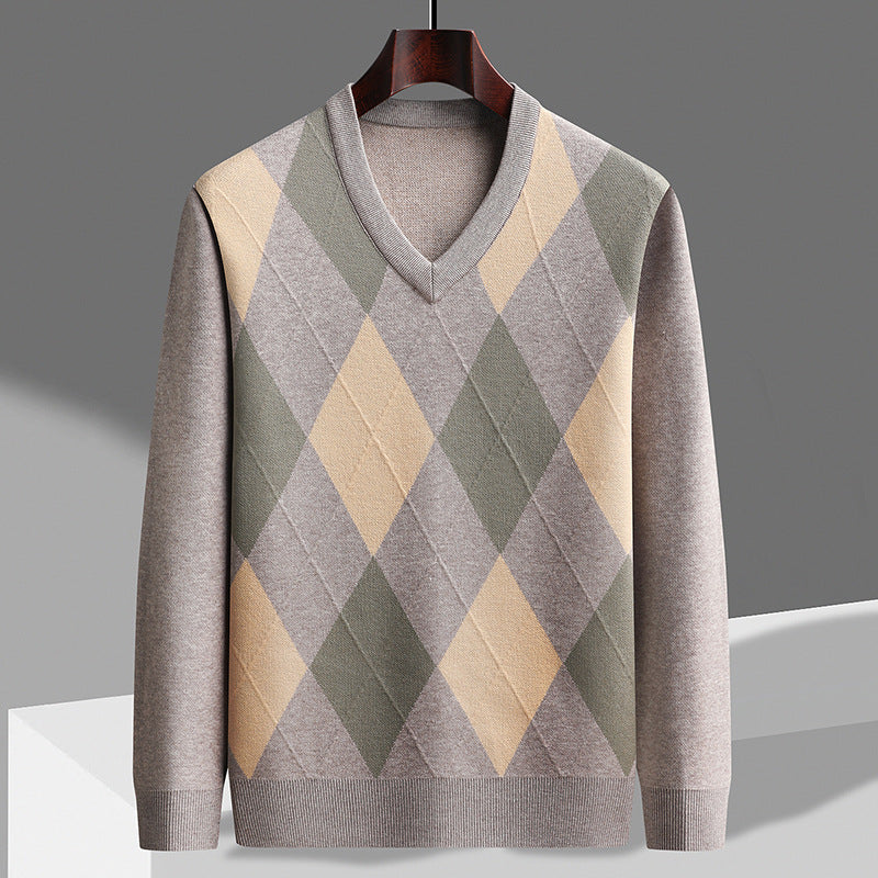 Kian | Men's Argyle V Neck Sweater Cream Gray Green