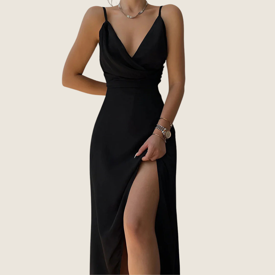 Greta | Women's Wrap Maxi Dress Black V Neck Slit