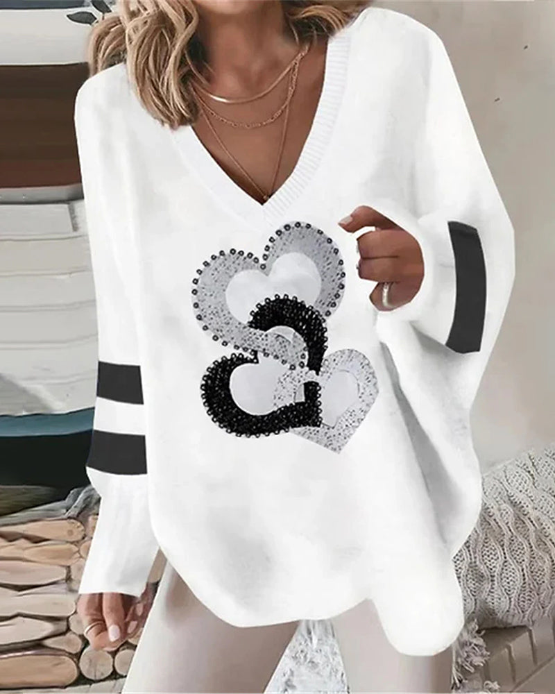 Isla | Women's V Neck Sweater White Sequin Heart Graphic