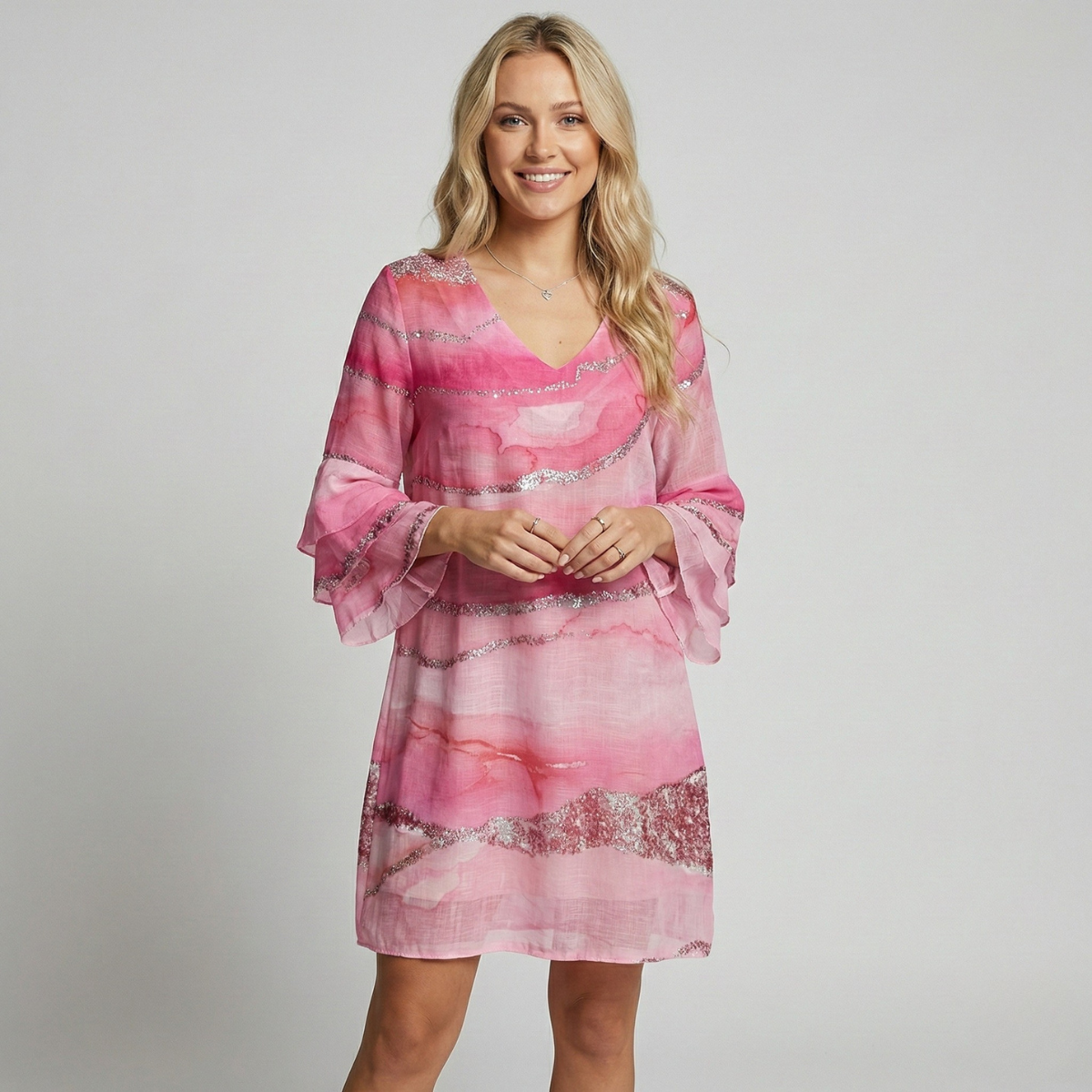 Aria | Women's Pink Sequin Midi Dress Bell Sleeve