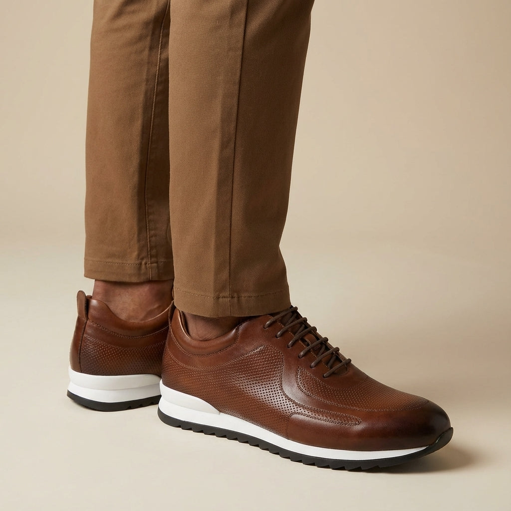 Kai | Men's Leather Lace Up Sneaker Brown White Sole