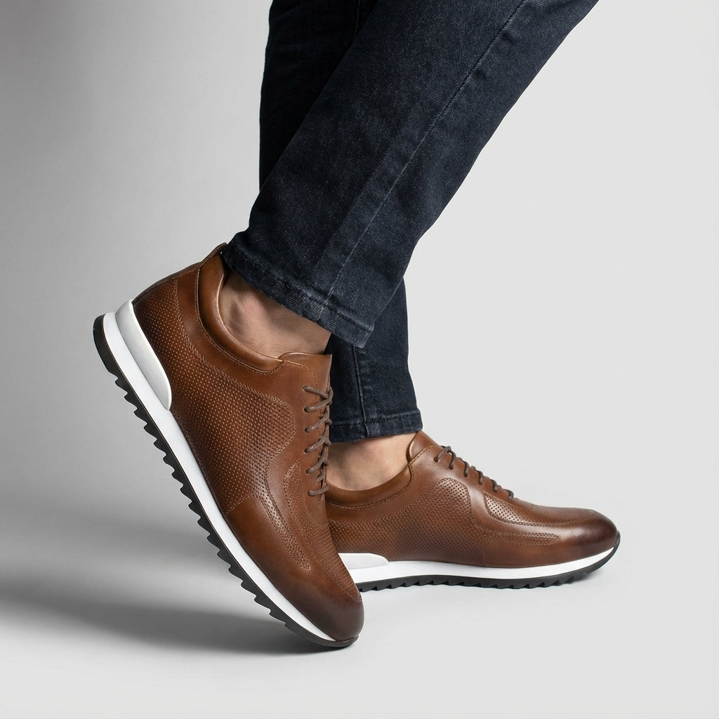 Kai | Men's Leather Lace Up Sneaker Brown White Sole