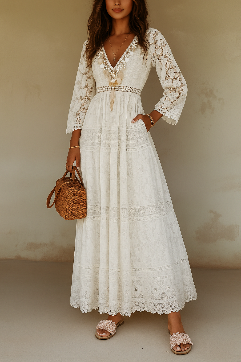 Cleo | Women's Lace Maxi Dress Cream Long Sleeve V Neck