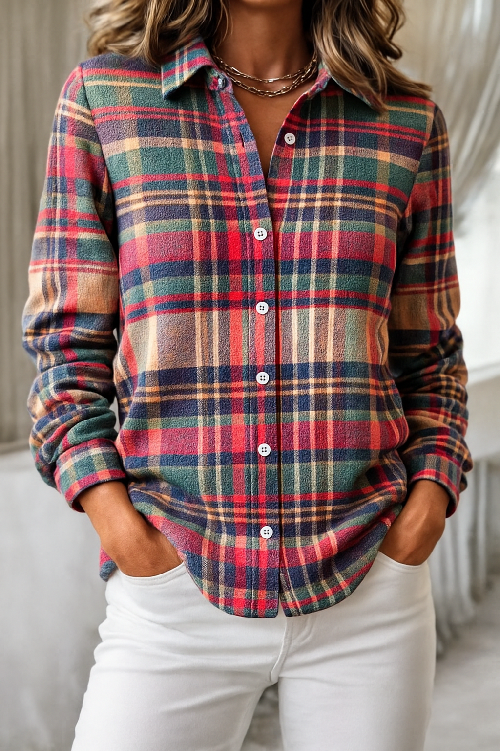 Stella | Women's Plaid Shirt Long Sleeve Button Down Red