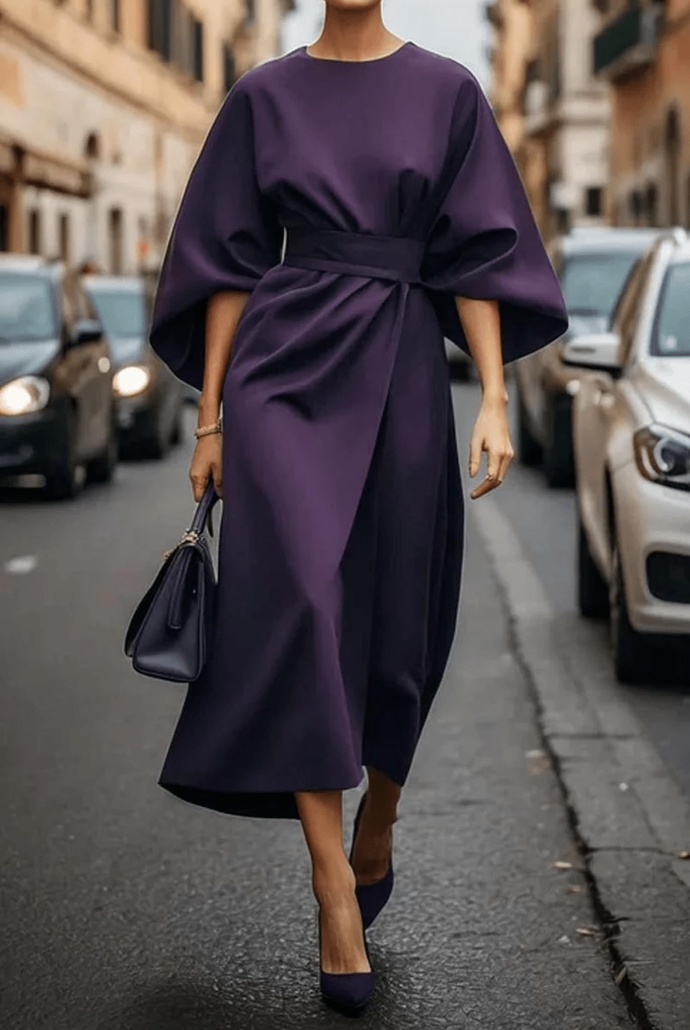 Wren | Women's Wrap Midi Dress Navy Puff Sleeve