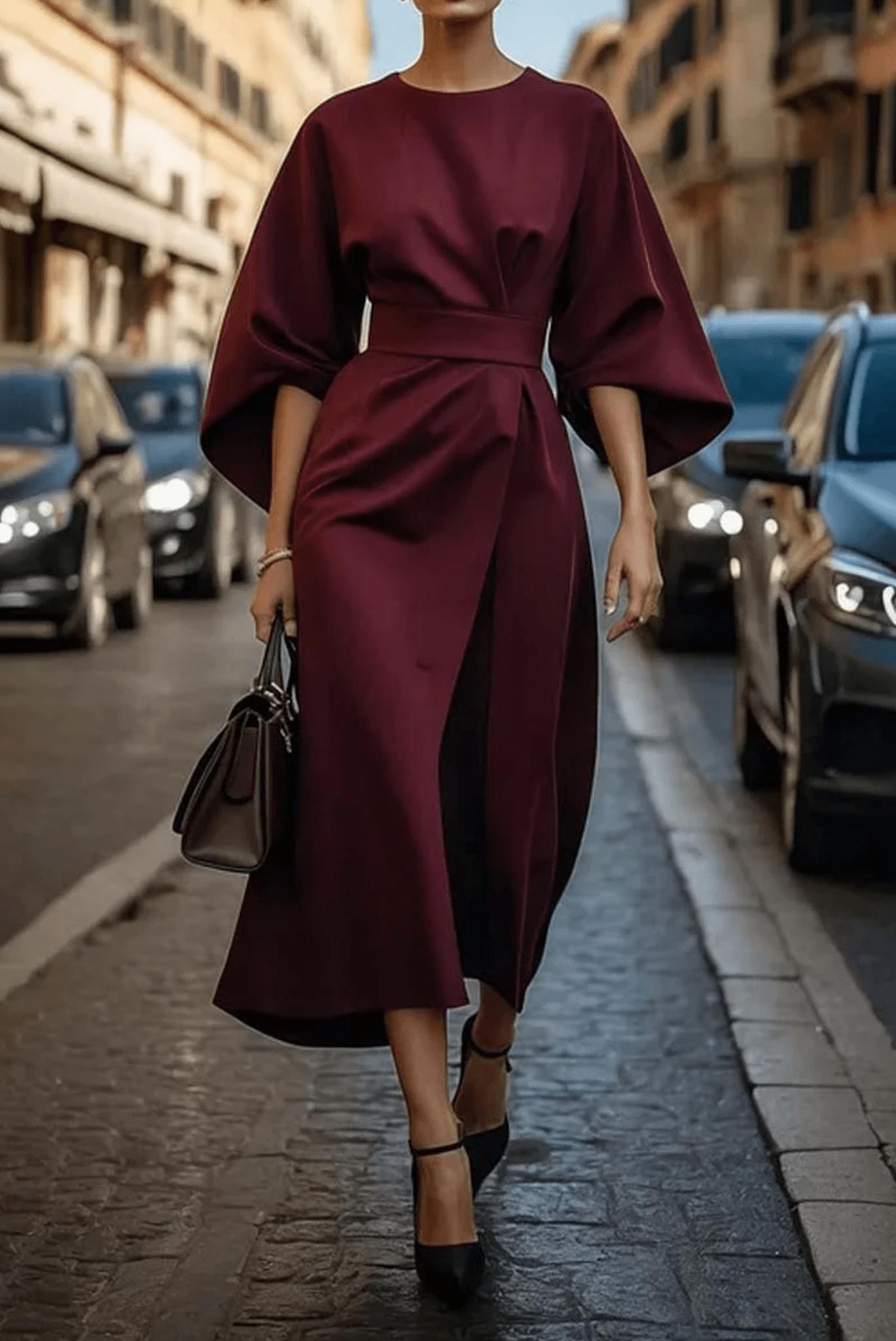 Wren | Women's Wrap Midi Dress Navy Puff Sleeve