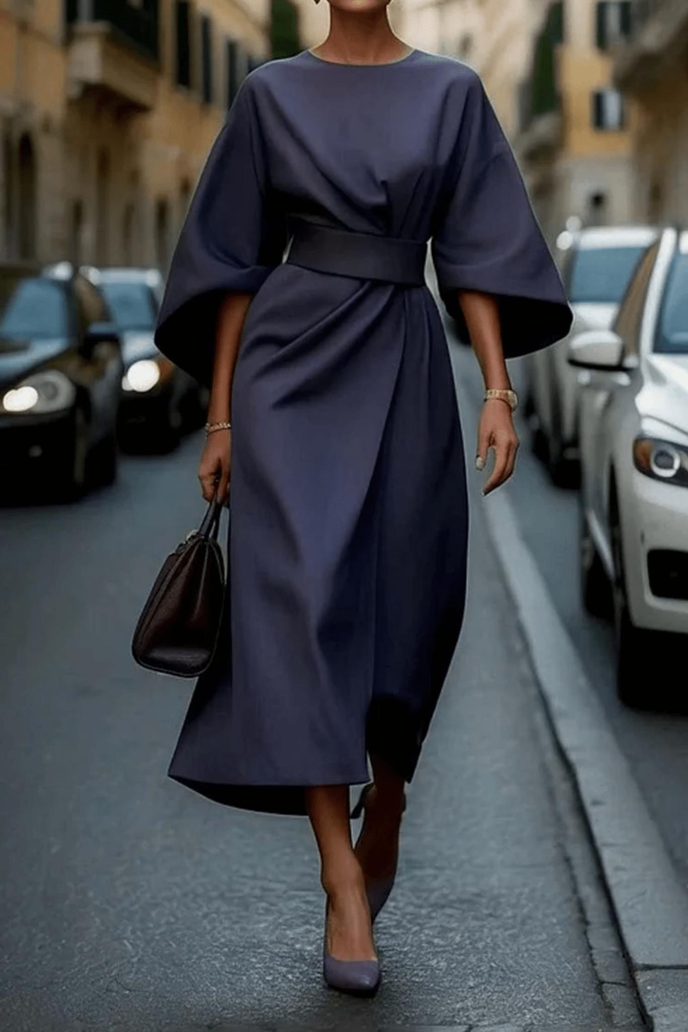 Wren | Women's Wrap Midi Dress Navy Puff Sleeve