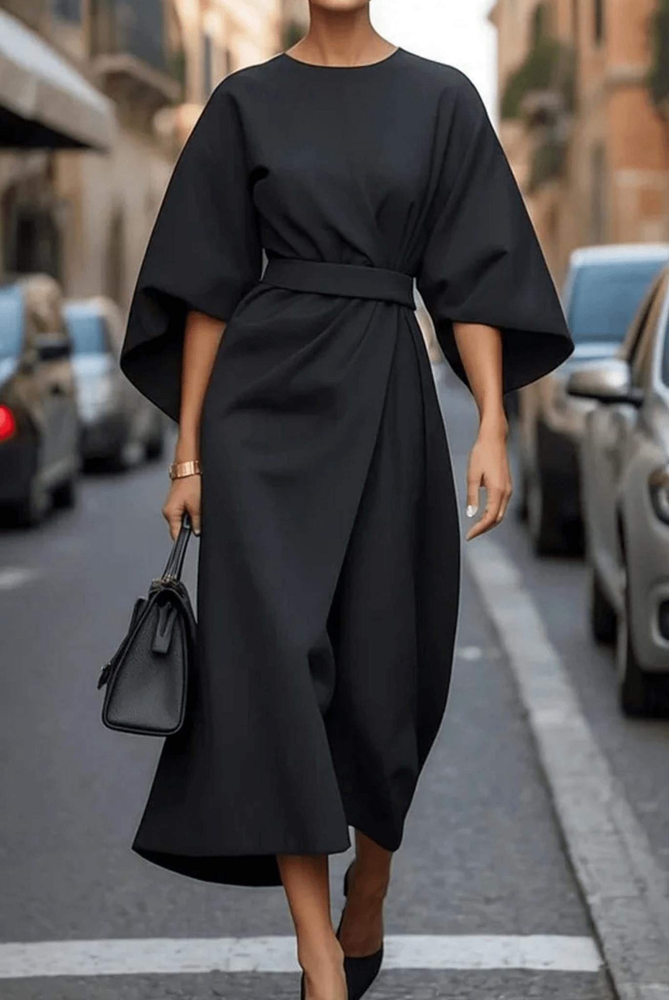Wren | Women's Wrap Midi Dress Navy Puff Sleeve