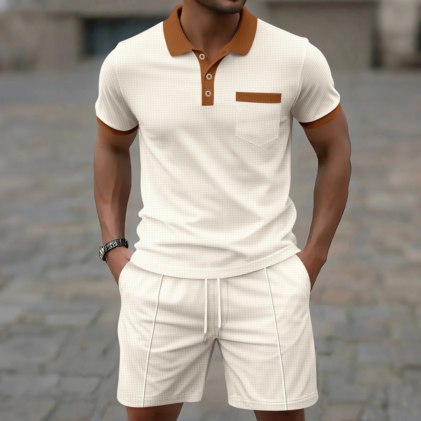 Beau | Men's Sweatsuit Cream Polo Shirt Shorts Set