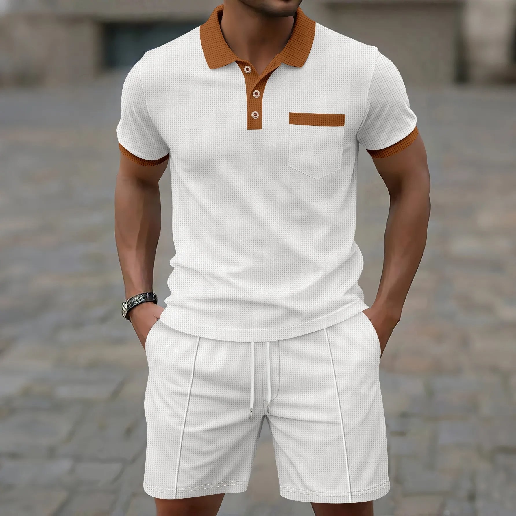 Beau | Men's Sweatsuit Cream Polo Shirt Shorts Set