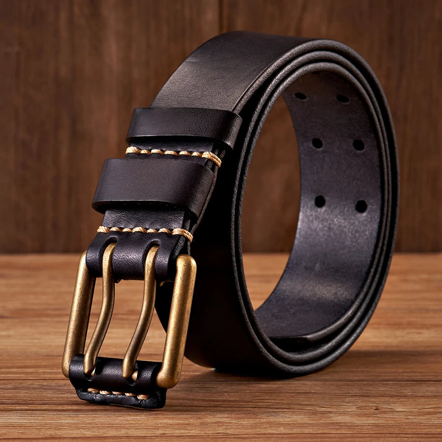 Isla | Men's Leather Belt Black Double Pin Gold Buckle