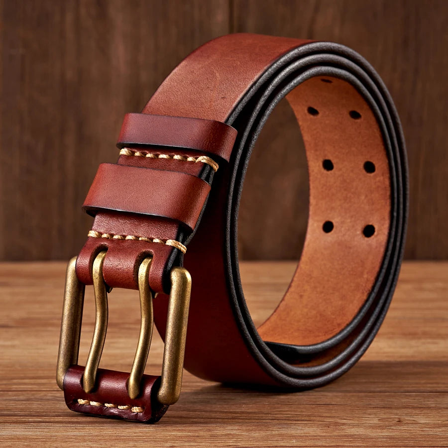 Isla | Men's Leather Belt Black Double Pin Gold Buckle