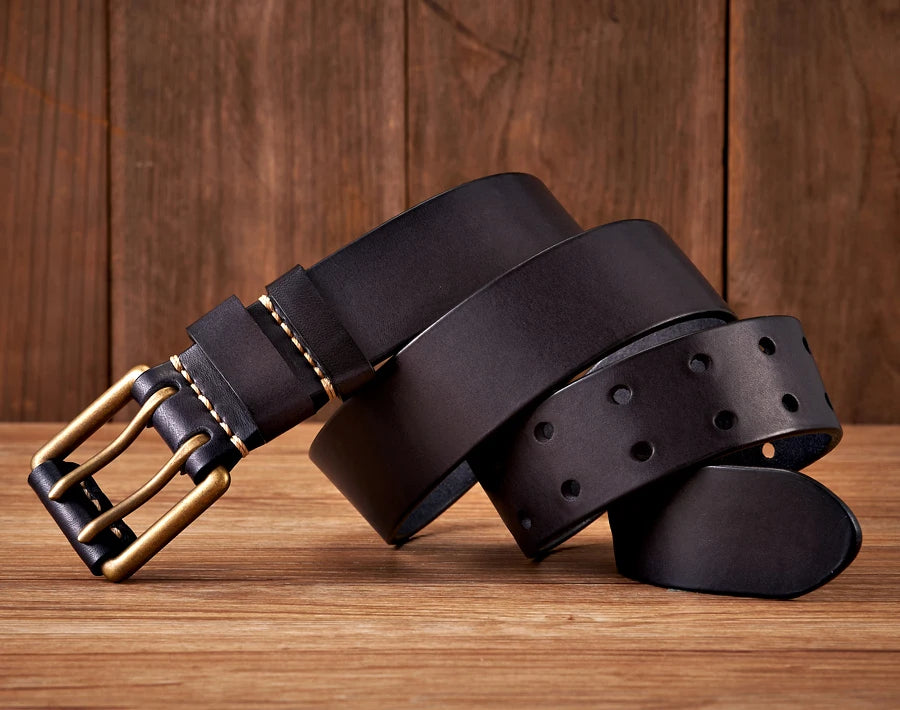 Isla | Men's Leather Belt Black Double Pin Gold Buckle