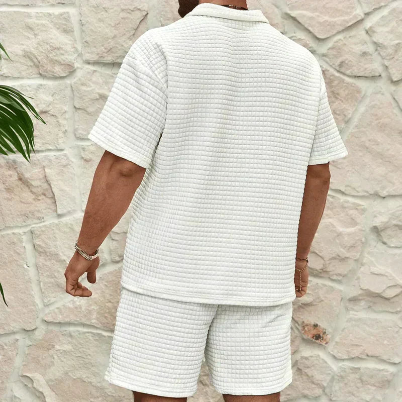 Bram | Men's Sweatsuit Cream Textured Polo Shorts Set