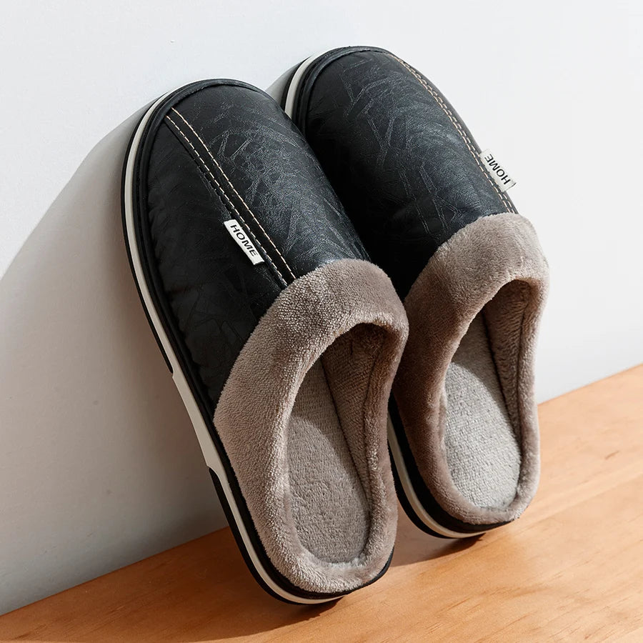 Marco | Men's Fleece Lined Leather Mule Slippers Black