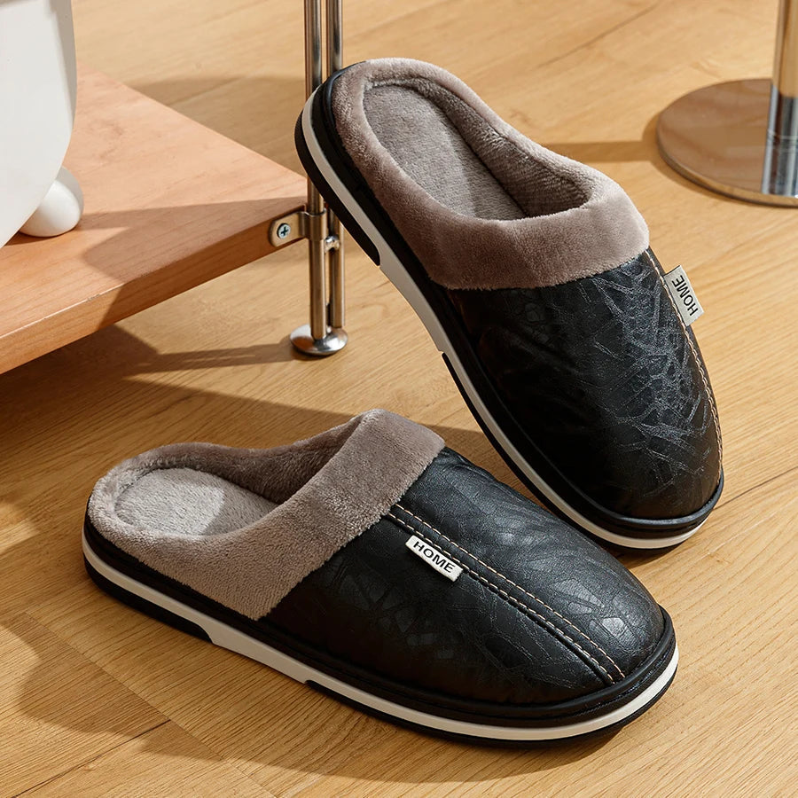 Marco | Men's Fleece Lined Leather Mule Slippers Black