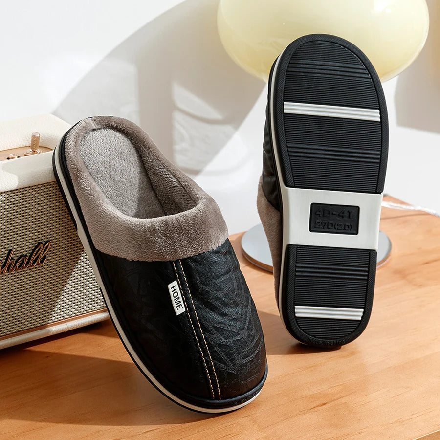 Marco | Men's Fleece Lined Leather Mule Slippers Black