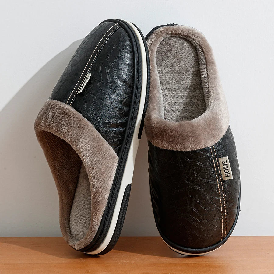 Marco | Men's Fleece Lined Leather Mule Slippers Black