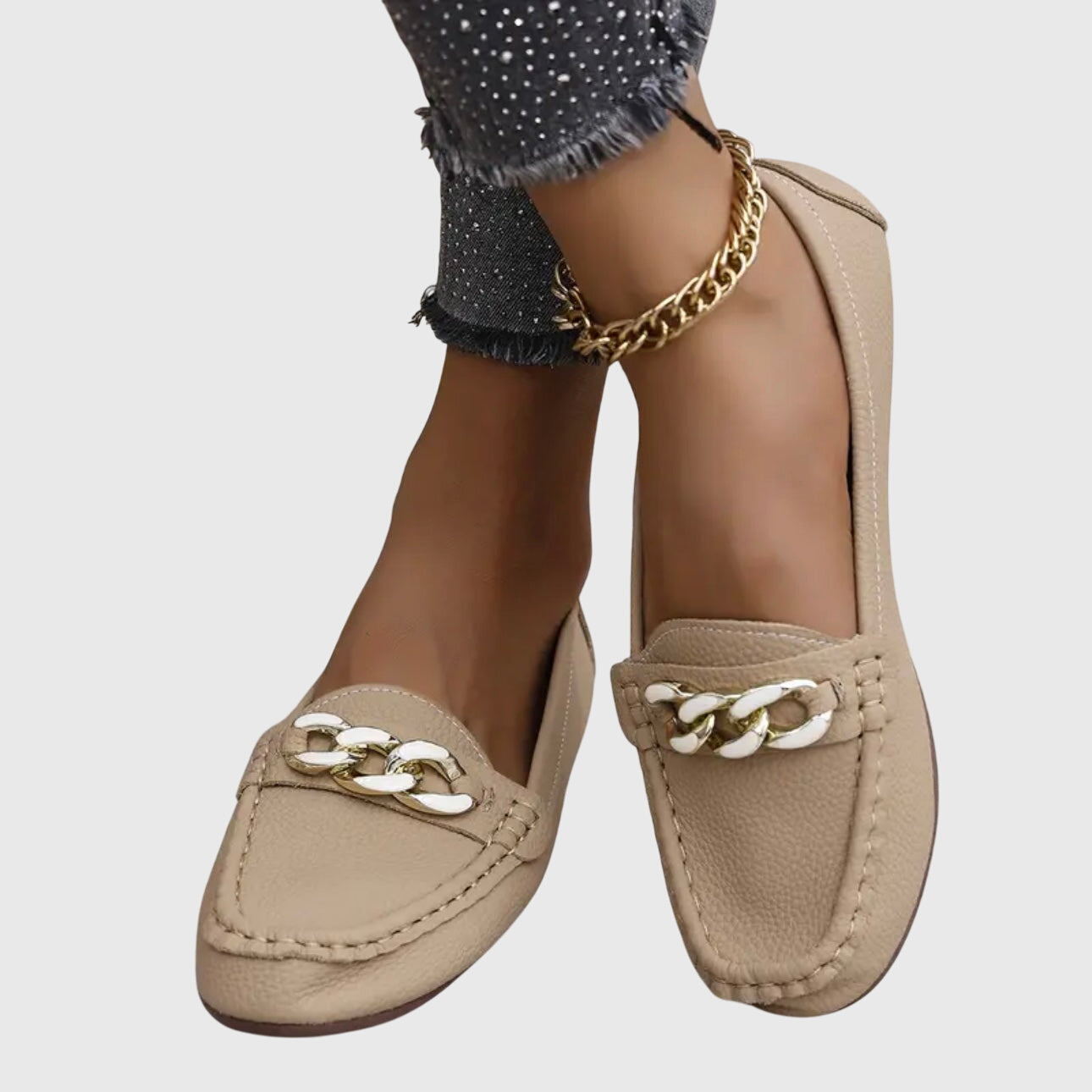Mia | Women's Chain Link Loafer Cream Gold Accents