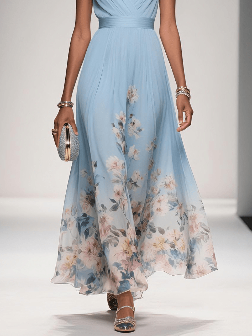 Thea | Women's Floral Chiffon Maxi Dress Light Blue V Neck