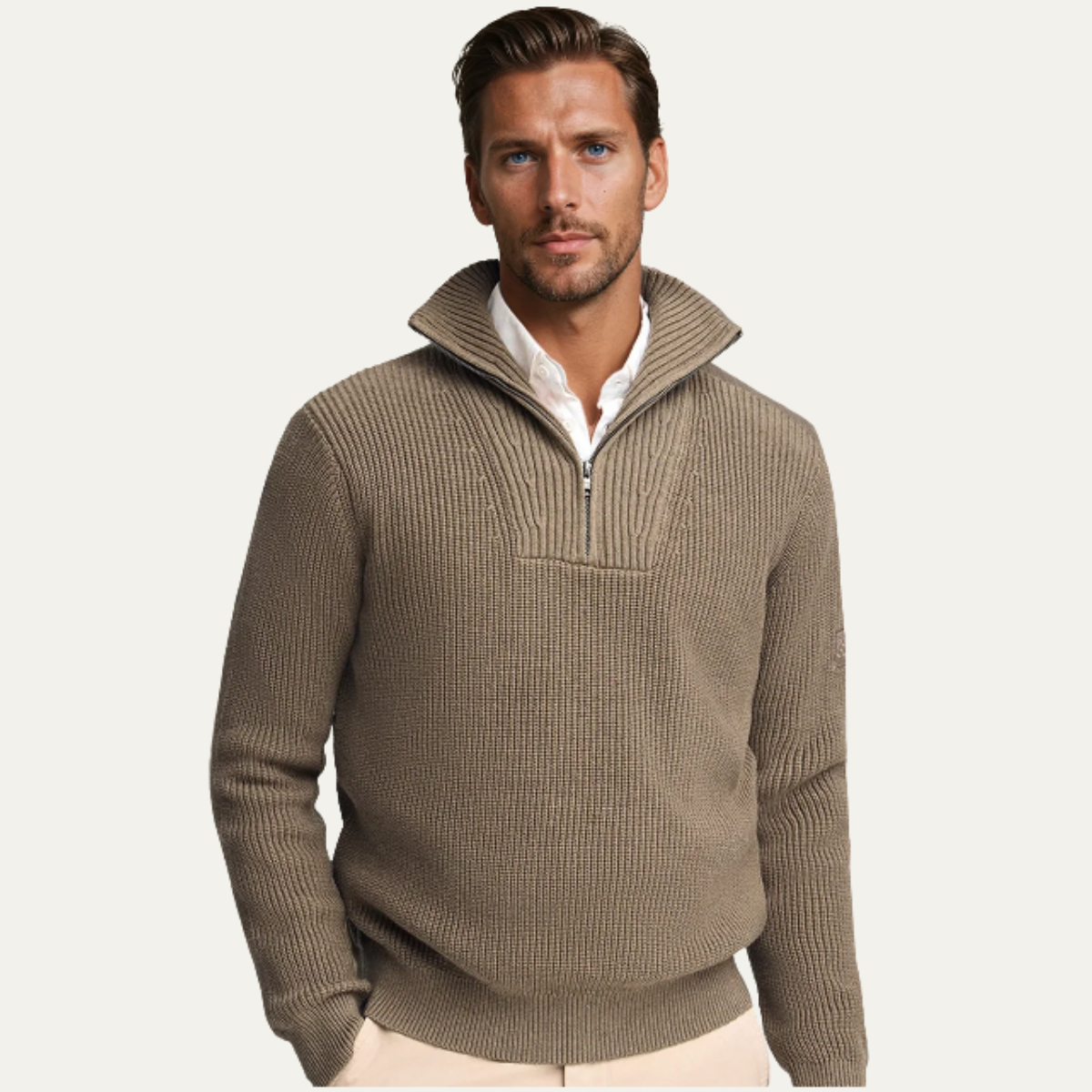Callum | Men's Quarter Zip Sweater Beige Ribbed Knit