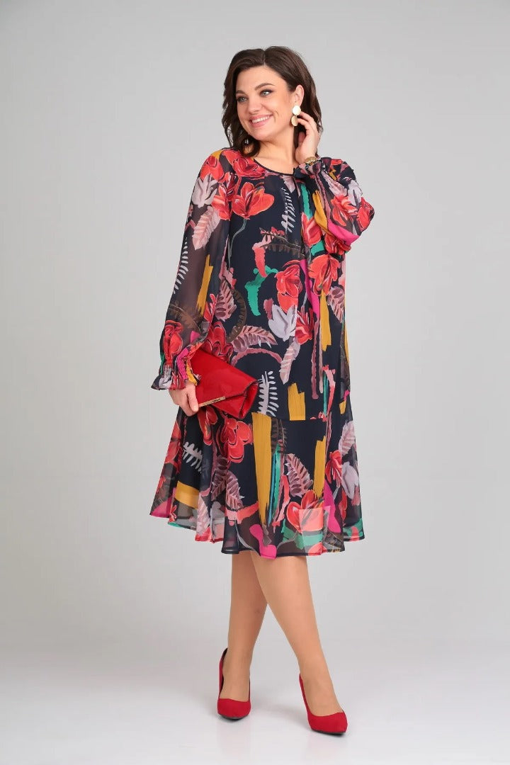 Luisa | Women's Floral Midi Dress Long Sleeve Black