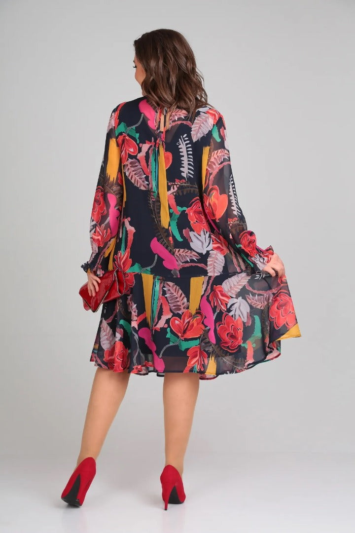 Luisa | Women's Floral Midi Dress Long Sleeve Black