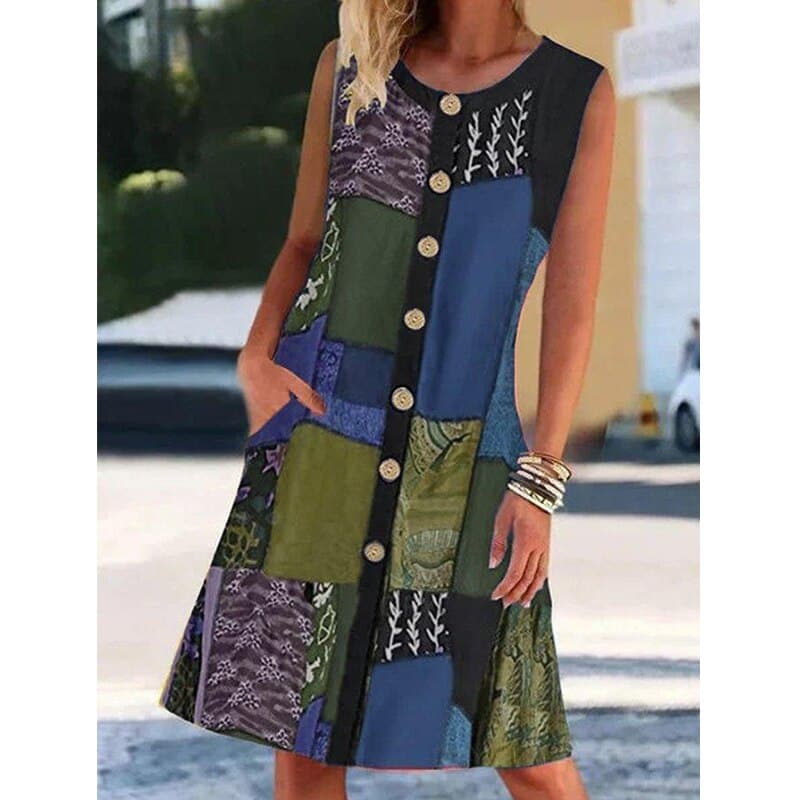 Demi | Women's Patchwork Midi Dress Button Front Multicolor