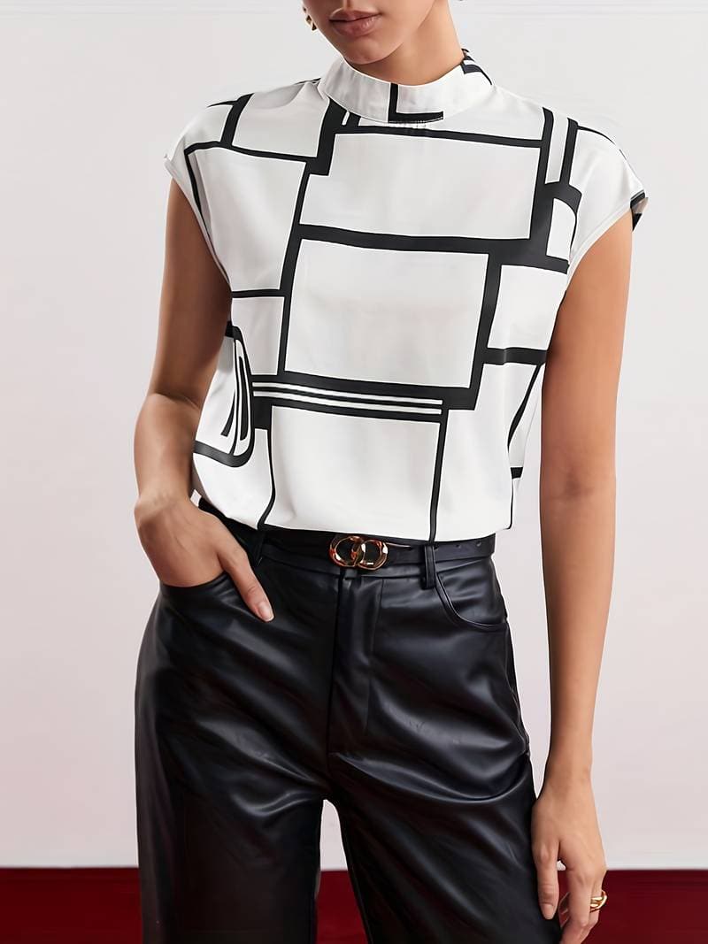Cleo | Women's Geometric Print Mock Neck Top Cream Black