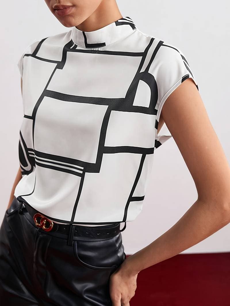 Cleo | Women's Geometric Print Mock Neck Top Cream Black
