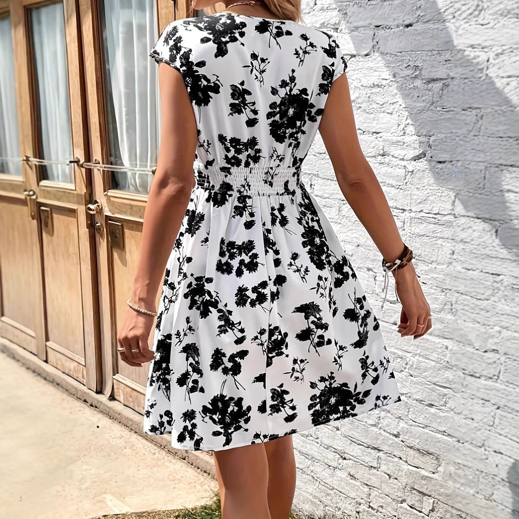 Faye | Women's Floral A Line Dress White Black Short Sleeve