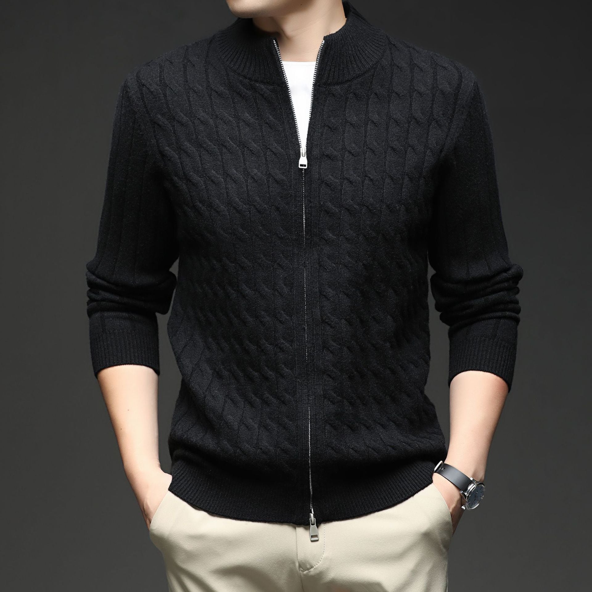 Voss | Men's Cable Knit Zip Cardigan Brown