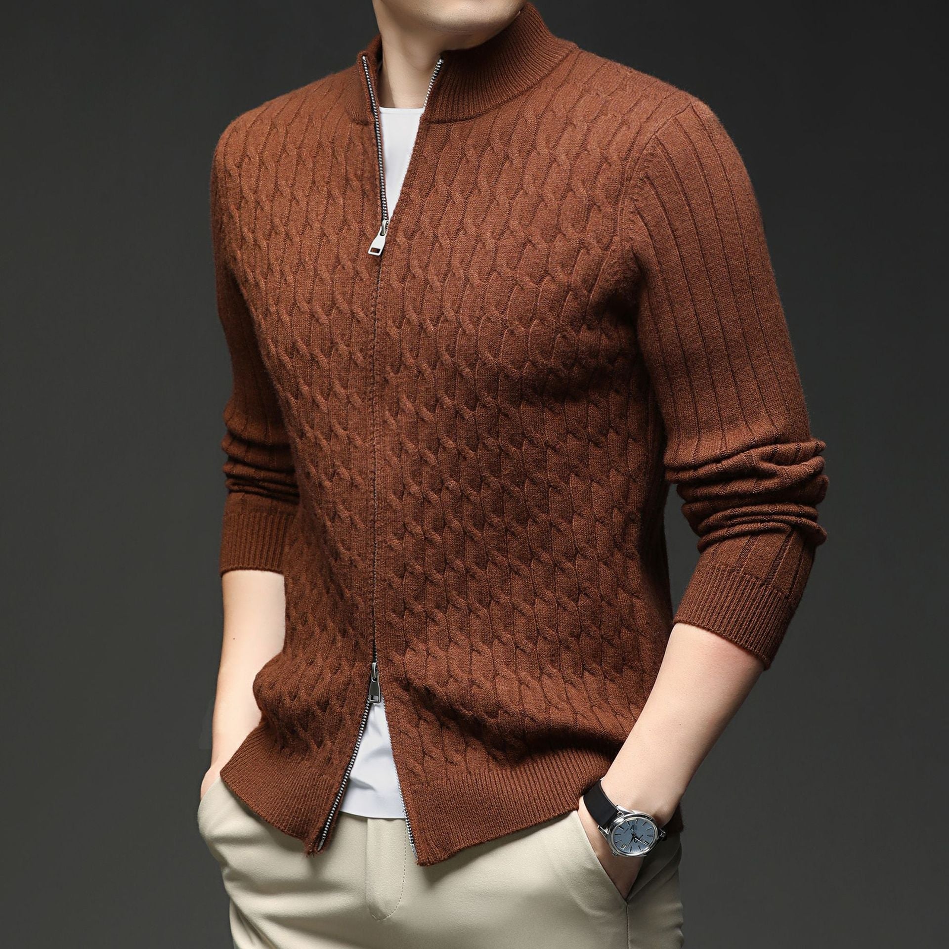 Voss | Men's Cable Knit Zip Cardigan Brown
