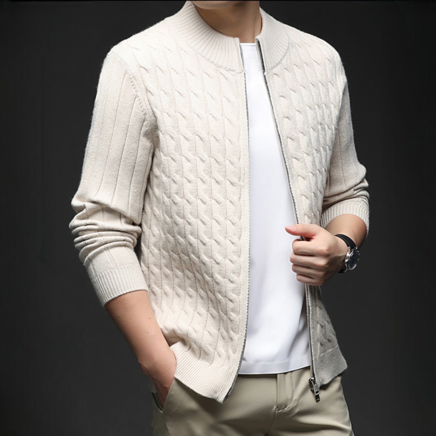 Voss | Men's Cable Knit Zip Cardigan Brown