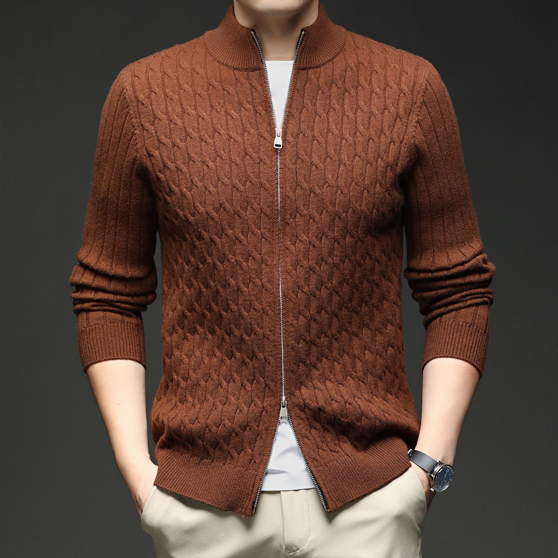 Voss | Men's Cable Knit Zip Cardigan Brown