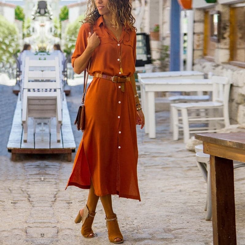 Rosa | Women's Button Down Shirt Dress Orange Midi
