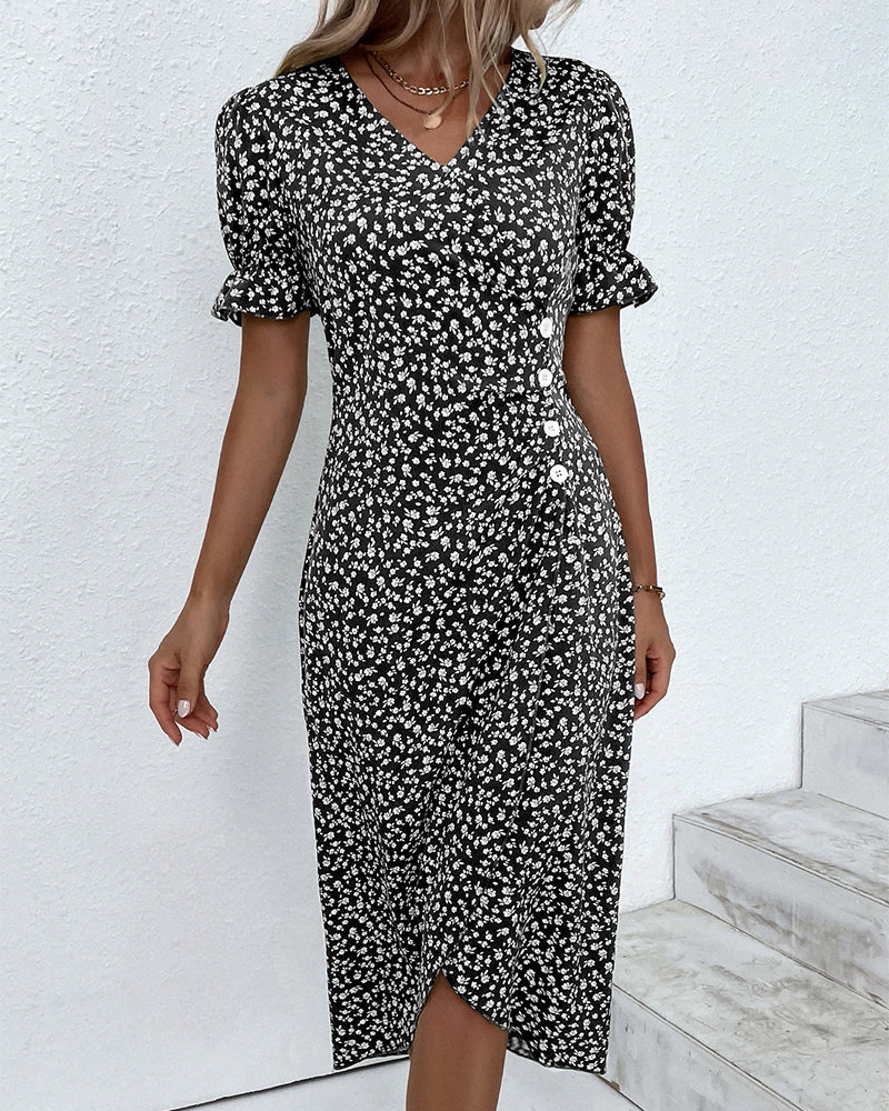 Rosa | Women's Floral Wrap Midi Dress Green Short Sleeve
