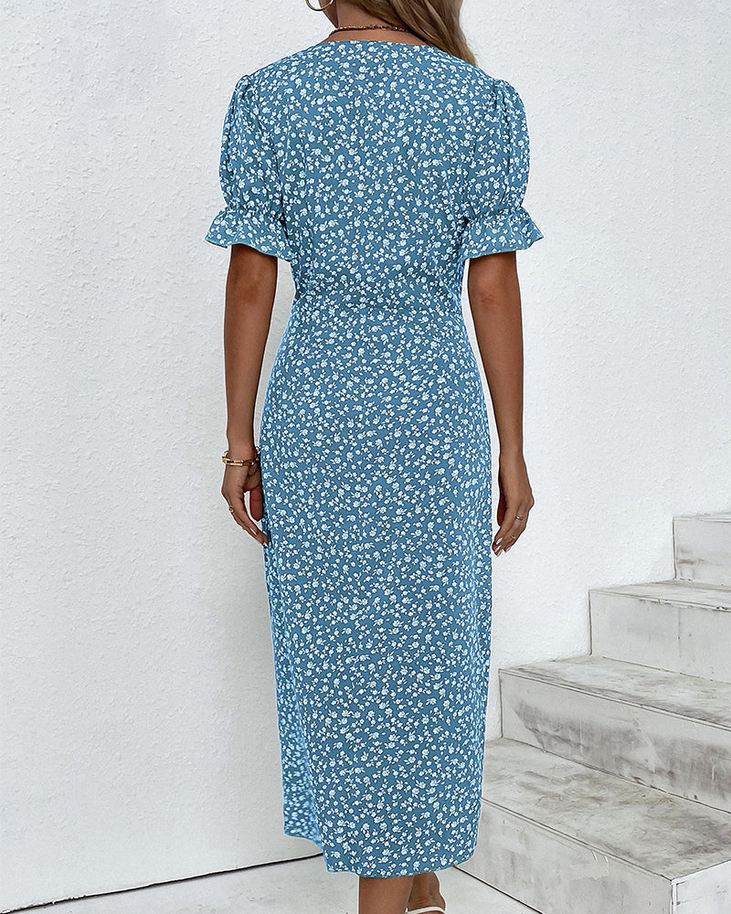 Rosa | Women's Floral Wrap Midi Dress Green Short Sleeve