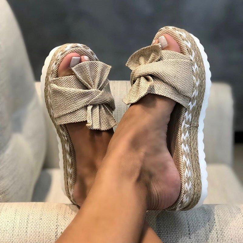 Greta | Women's Bow Platform Sandals Cream Canvas