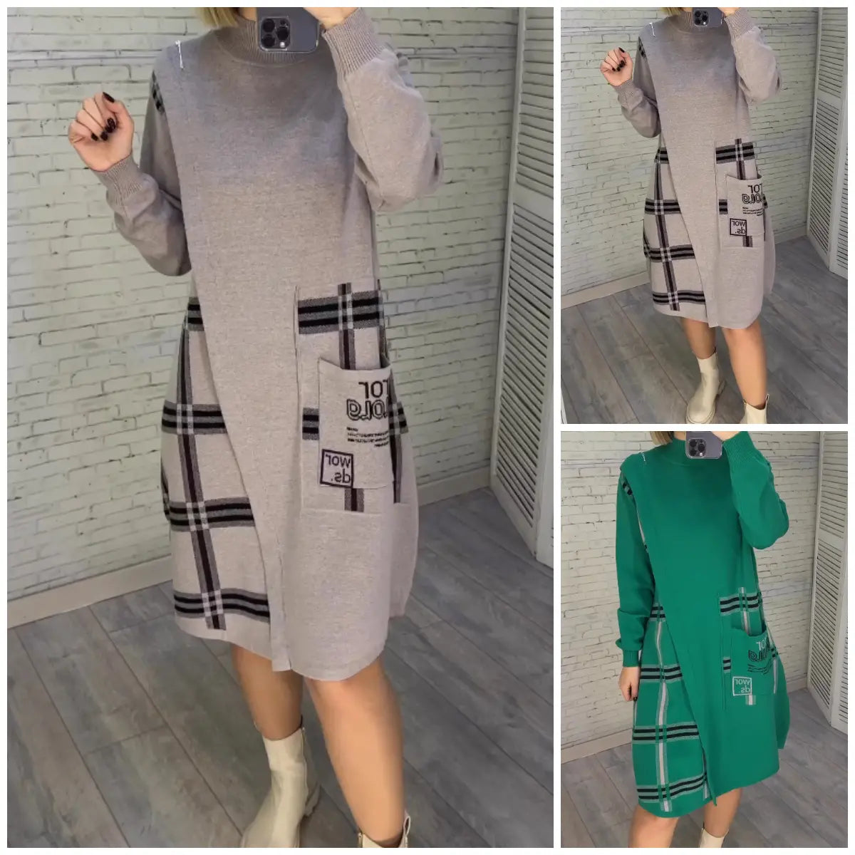 Nola | Women's Sweater Dress Cream Plaid Pocket Detail