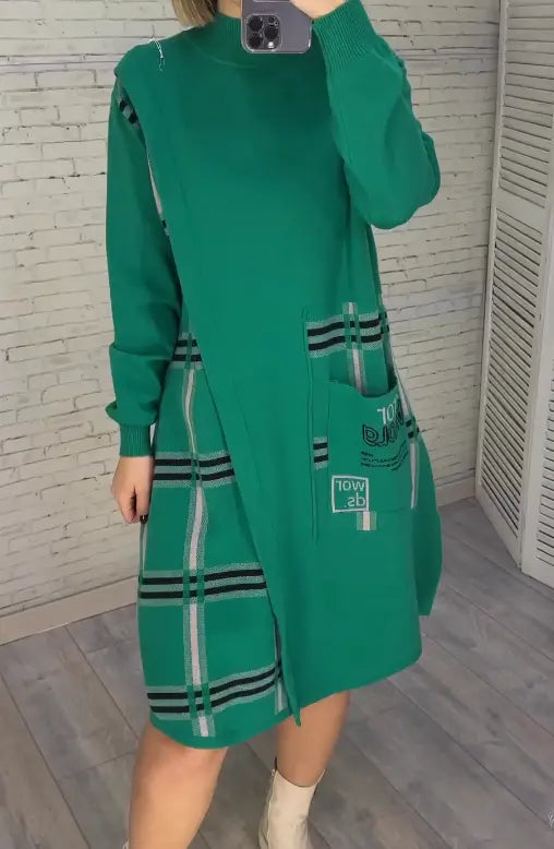 Nola | Women's Sweater Dress Cream Plaid Pocket Detail