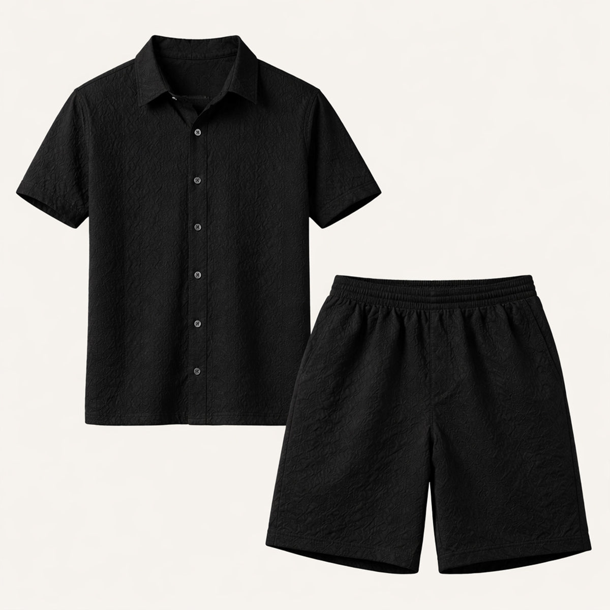 Kael | Men's Lounge Set Cream Textured Short Sleeve Button Up