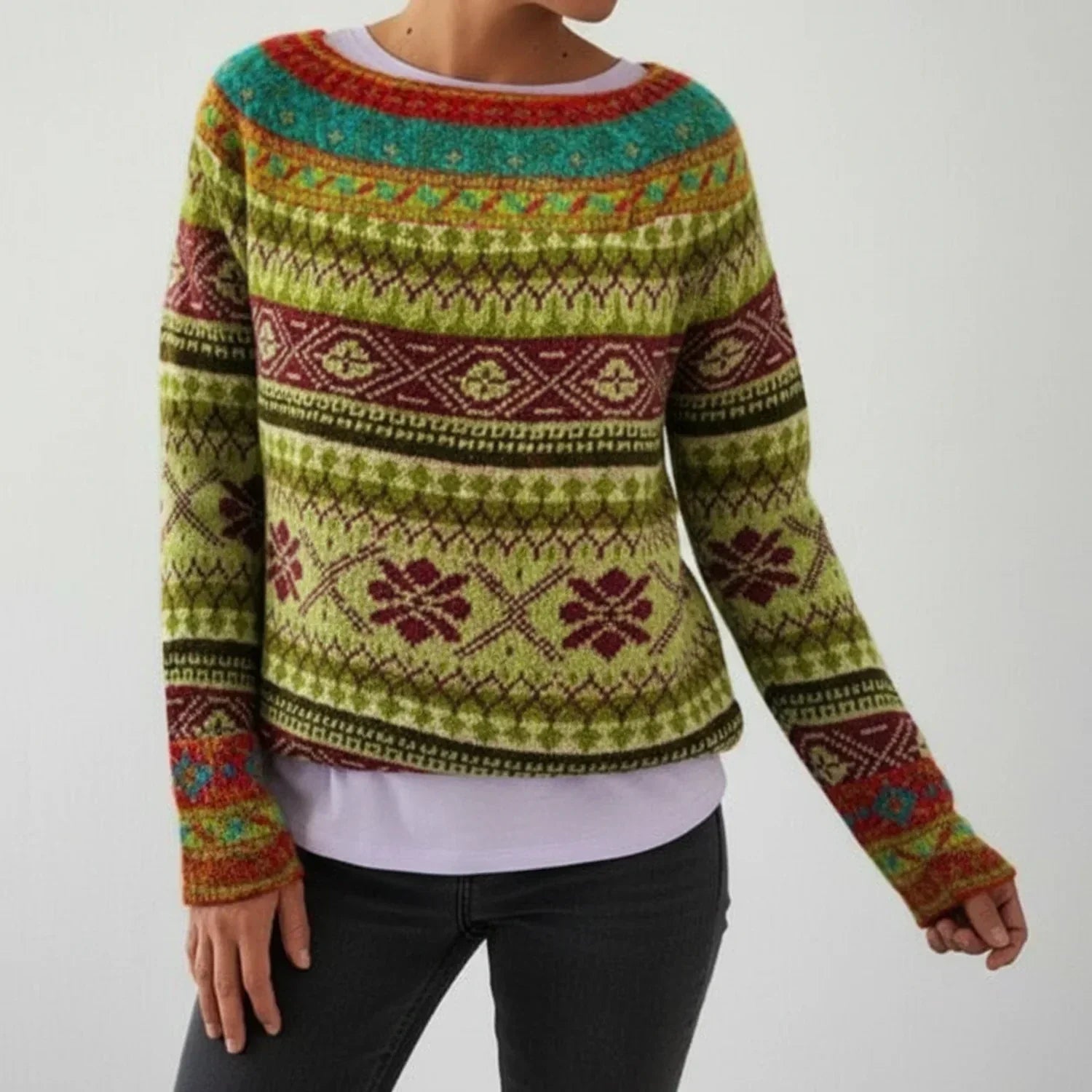 Isla | Women's Fair Isle Crew Neck Sweater Green