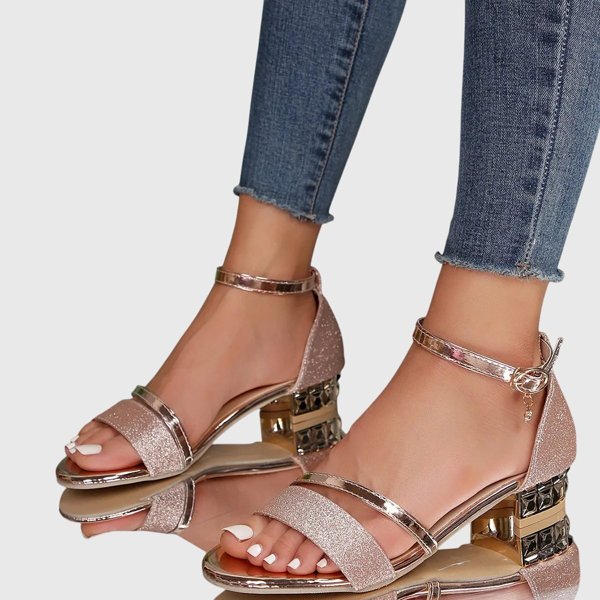 Ayla | Women's Black Glitter Ankle Strap Heeled Sandals Gold